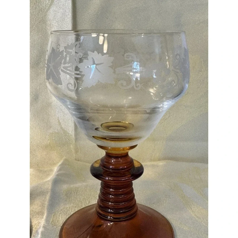 German Roemer Wine Glasses Etched Grape Leaves Amber Beehive Stem Set of 2